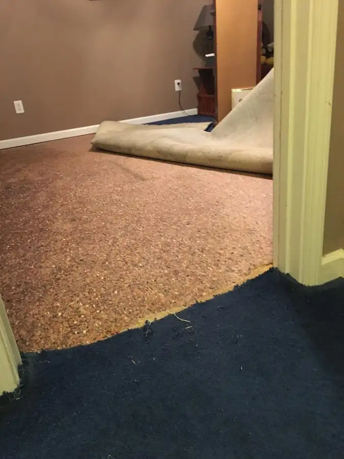 Carpet pad removal revealing water damage during Water Mitigation Services in Spout Springs